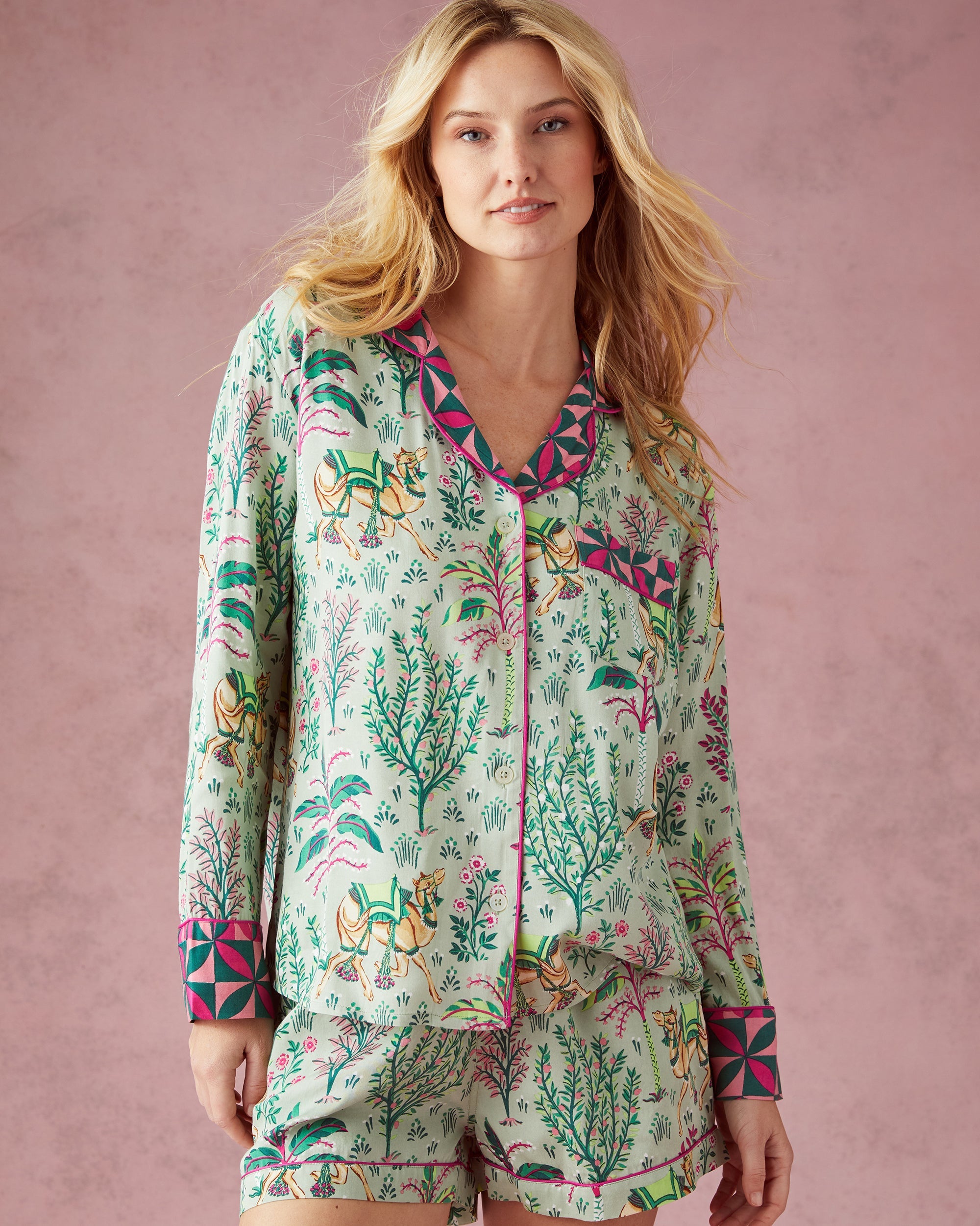 Camel's Courtyard - Satin Long Sleeve Top and Shorts Set - Avocado