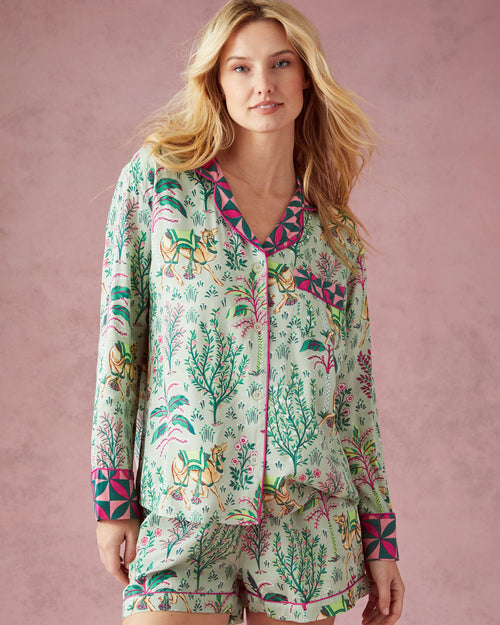 Camel's Courtyard - Satin Long Sleeve Top and Shorts Set - Avocado